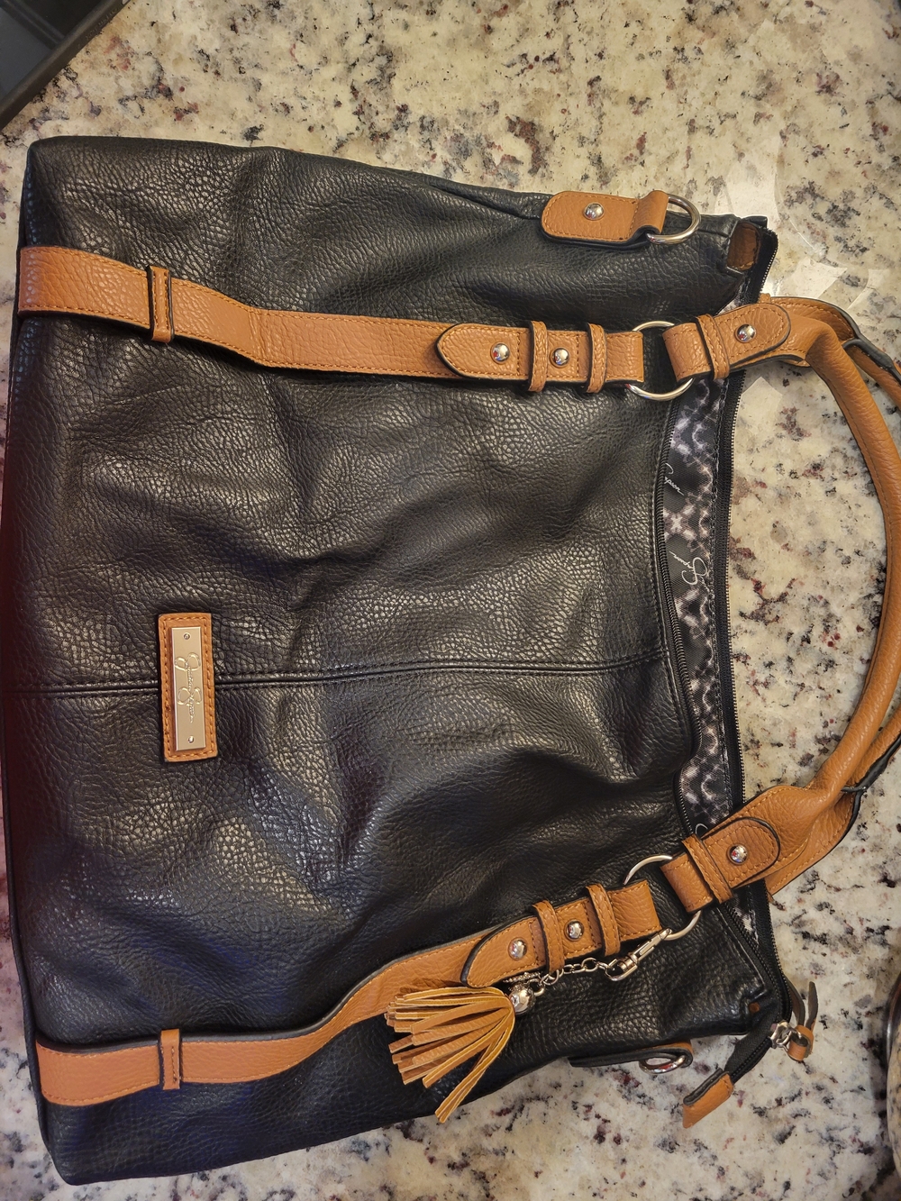 Jessica Simpson Black Leather Tote with Tan Trim